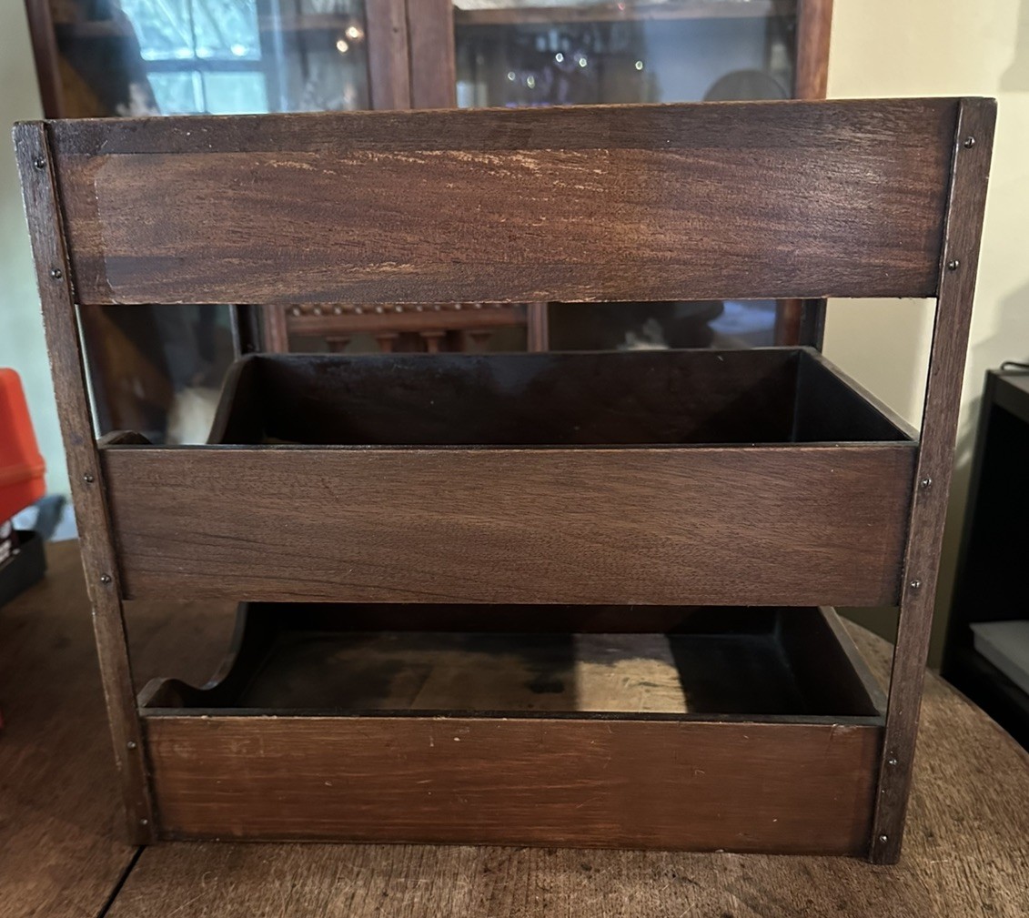 Antique Desk Top Letter Tray File Holder Wooden 3 Tier