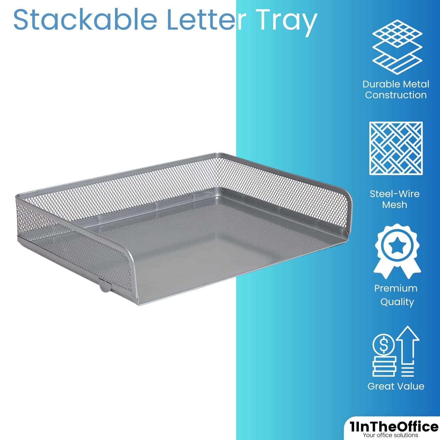 Desk Tray Letter Size Stackable Side Load Silver Mesh 2 Pack Office