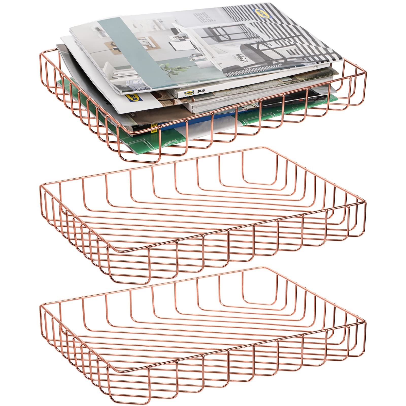 3 PCS Rose Gold Wire File Tray Desk Paper Letter Magazine Organizer Basket