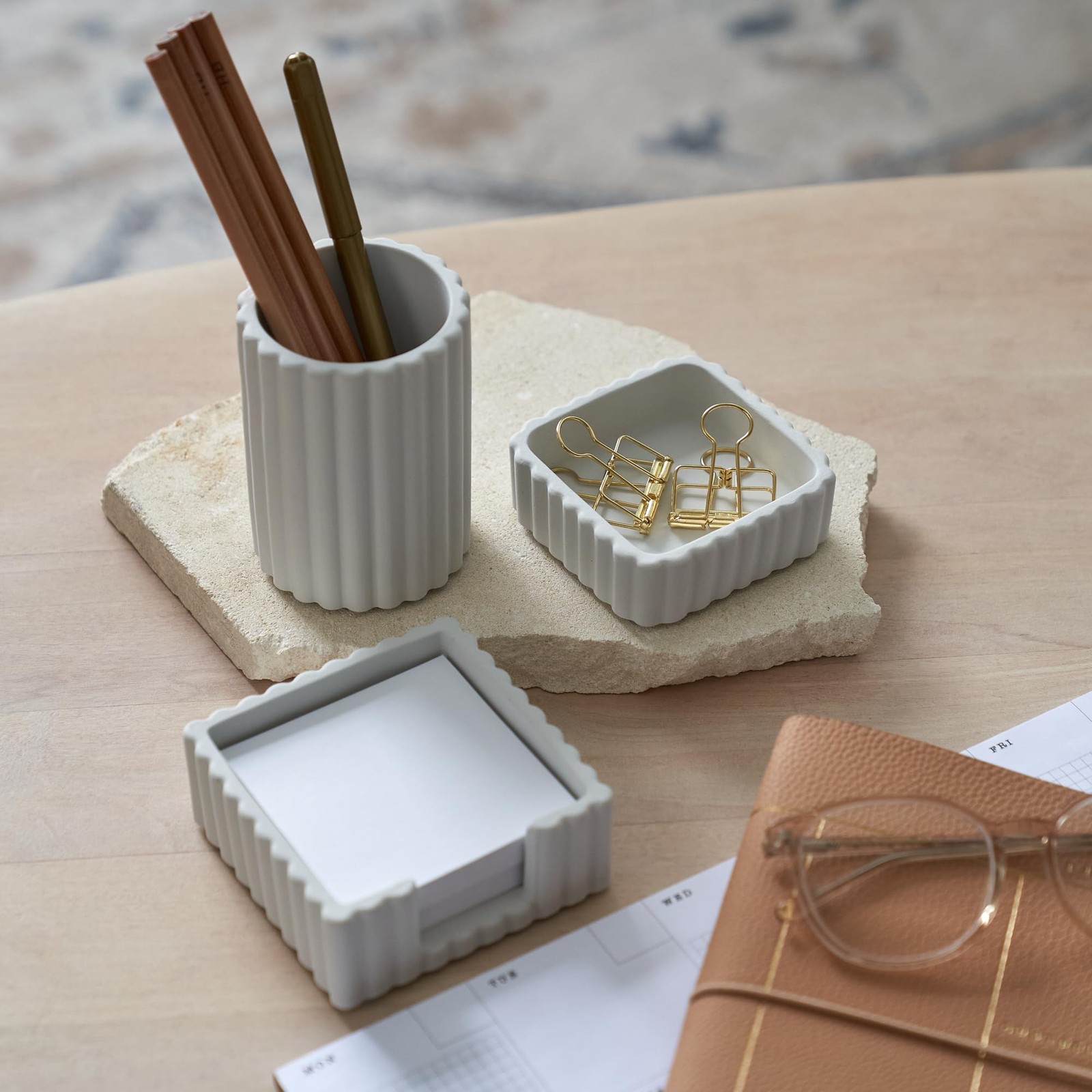 KIBAGA Modern Aesthetic Desk Accessories Set of 3 – Stylish Concrete Organize…
