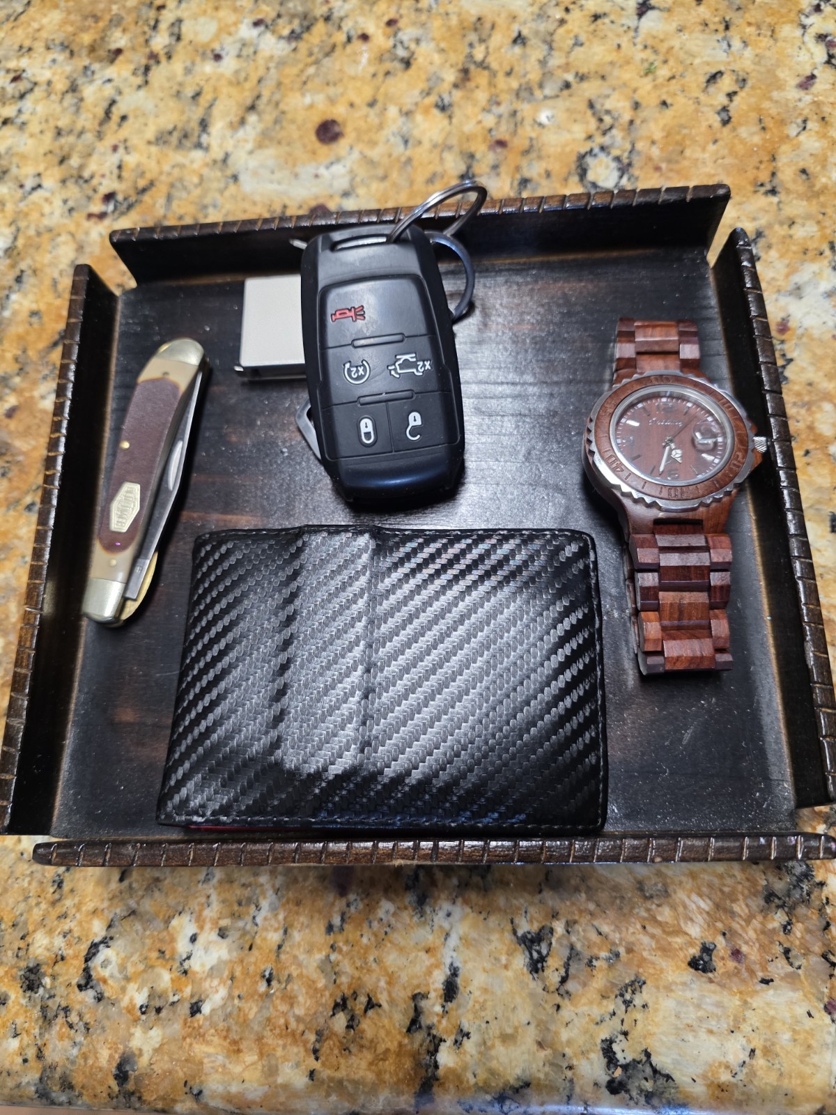 Hand Made Wood Desktop Organizer Tray Square Multi-Purpose Dark Finish