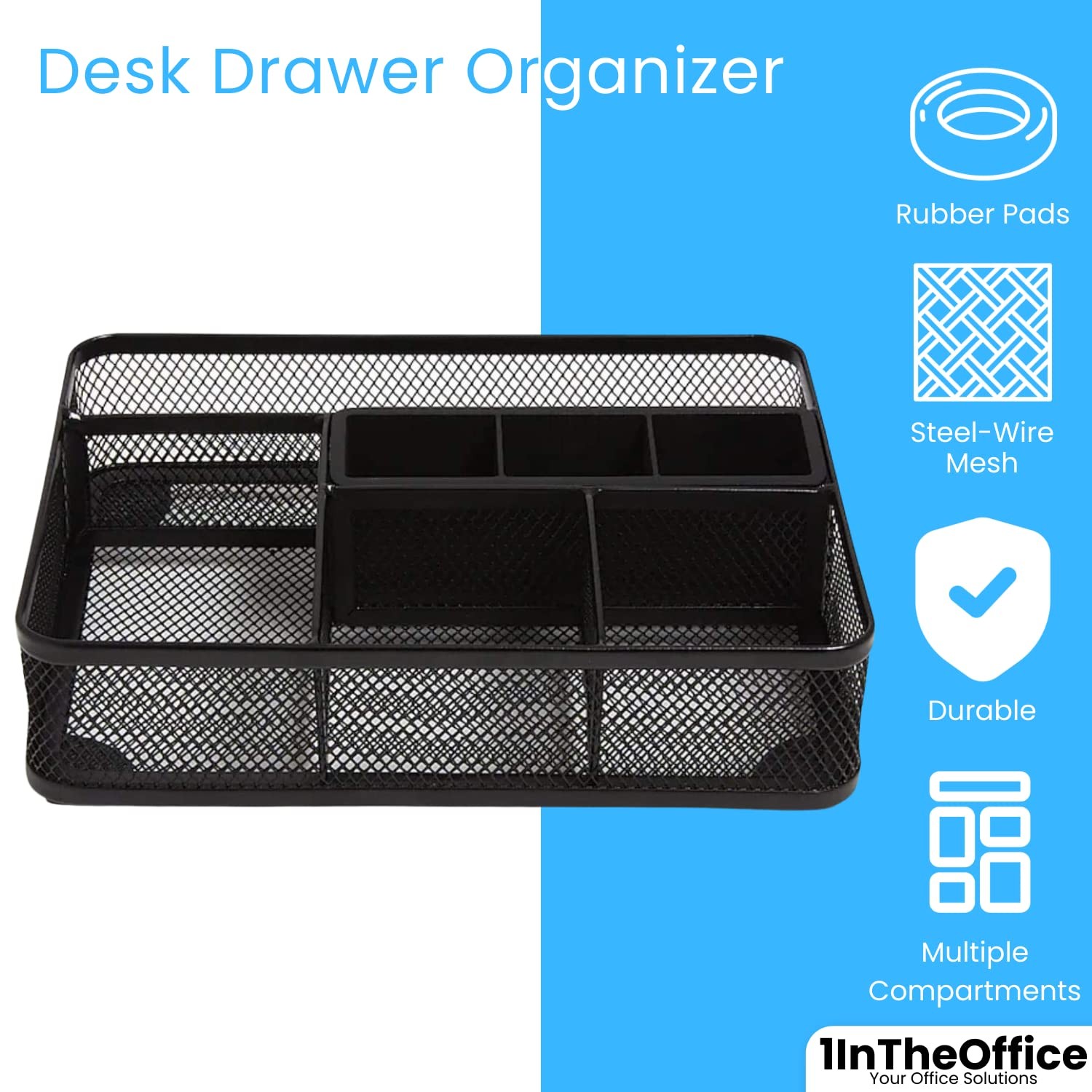 Mesh Collection Desk Drawer Organizer Tray, Black, 7 Compartment