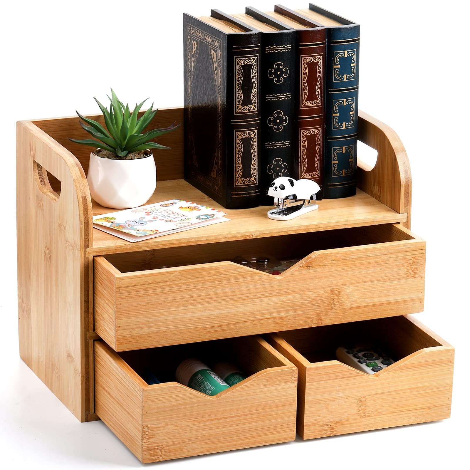 Hacaroa 3 Tier Bamboo Desktop Organizer with 3 12.5 x 6.8 x 9 inches, Wooden