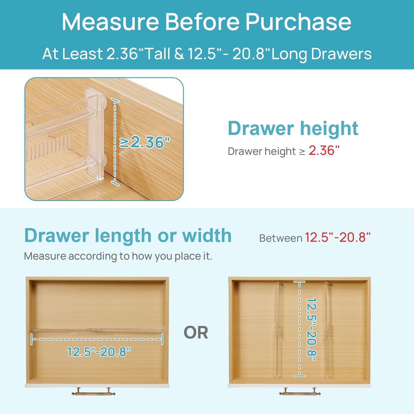 Vtopmart 8 Pack Shallow Drawer Dividers, 2.36″ H, 12.5″-20.8″ L, Clear