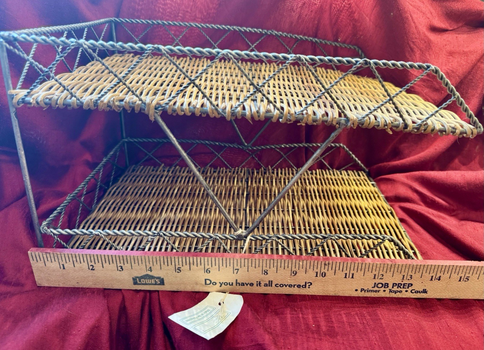 Vintage Double Tier Boho Woven Wicker And Metal Letter Tray / Desk Organizer