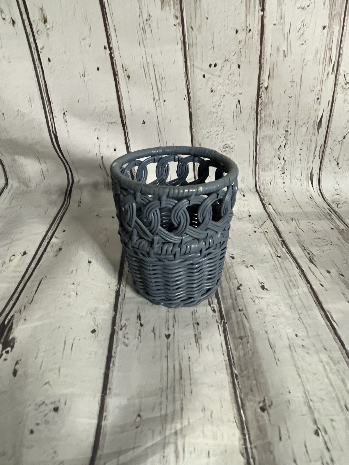 1 Blue Woven Pencil Holder Rattan Desk Brush Holder Catch All