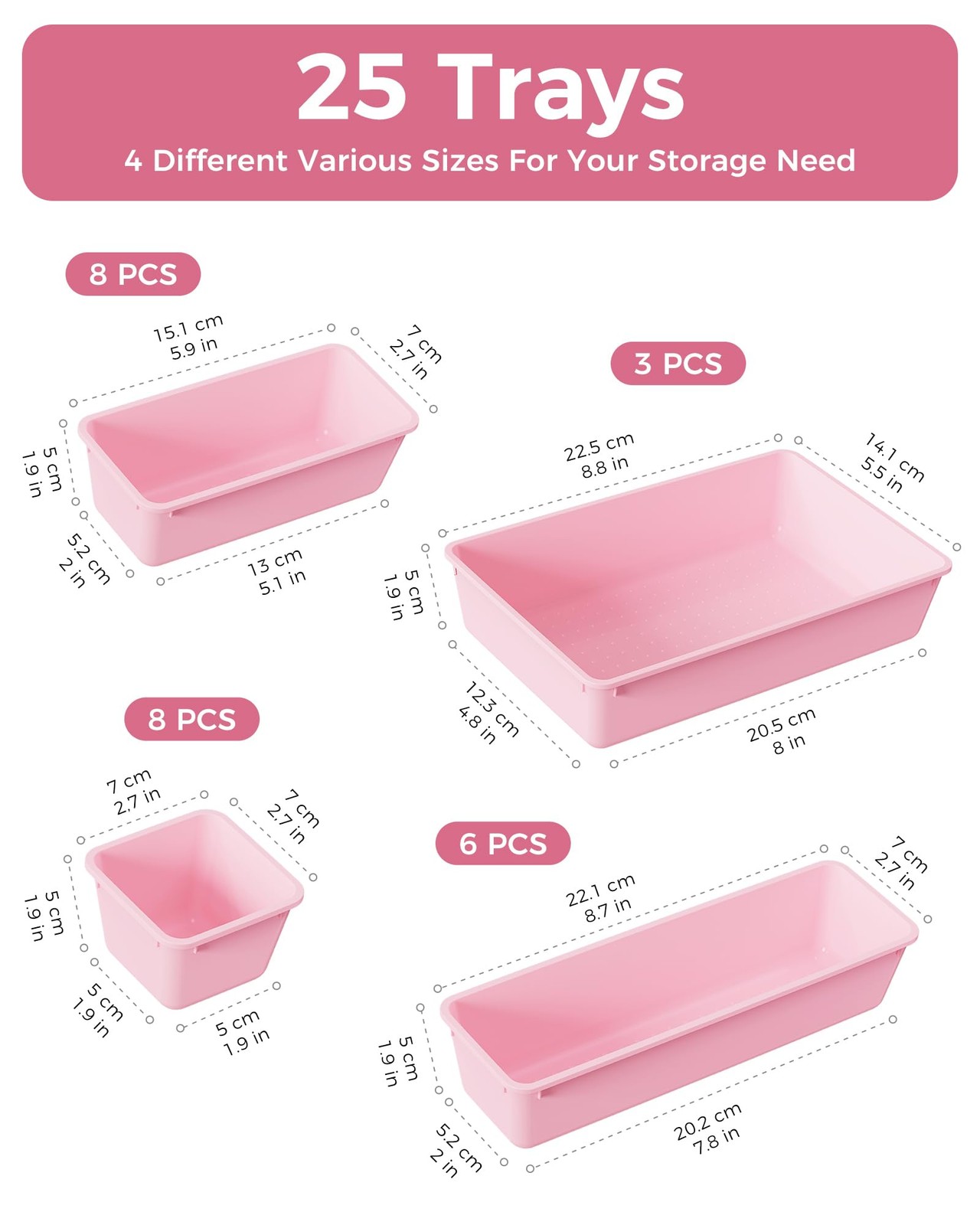 BiuLeon 25 PCS Plastic Drawer Organizers Set, 4-Sizes Vanity and Makeup Pink