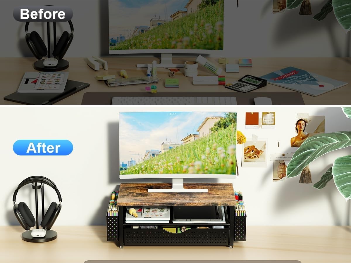 Ergonomic Computer Monitor Stand Riser & Stylish Desk Organizer with Drawer