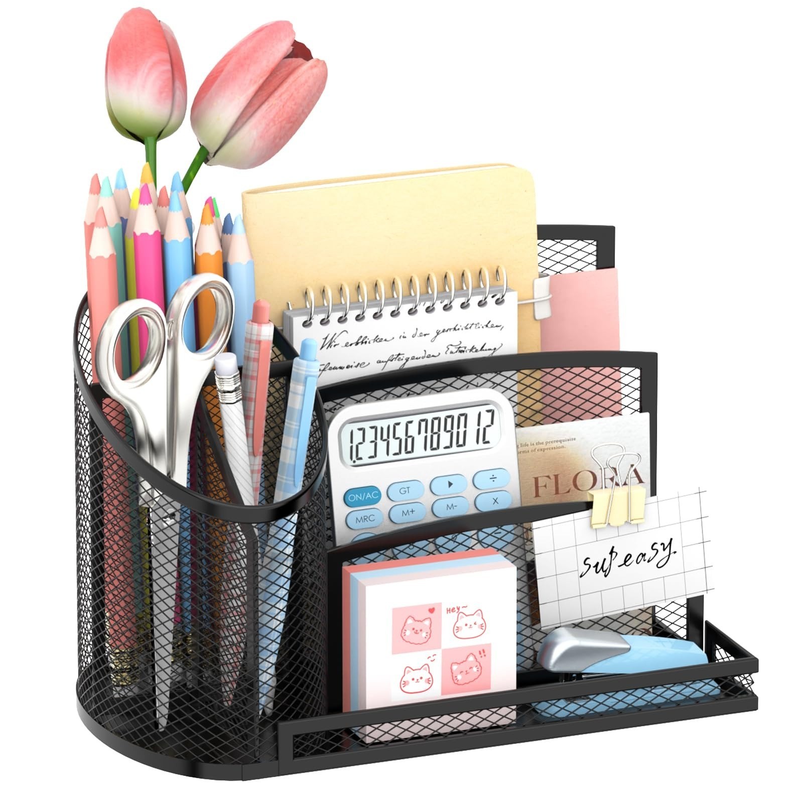 Mail Organizer for Desk – 3-Slot Mesh Metal Holder, Black