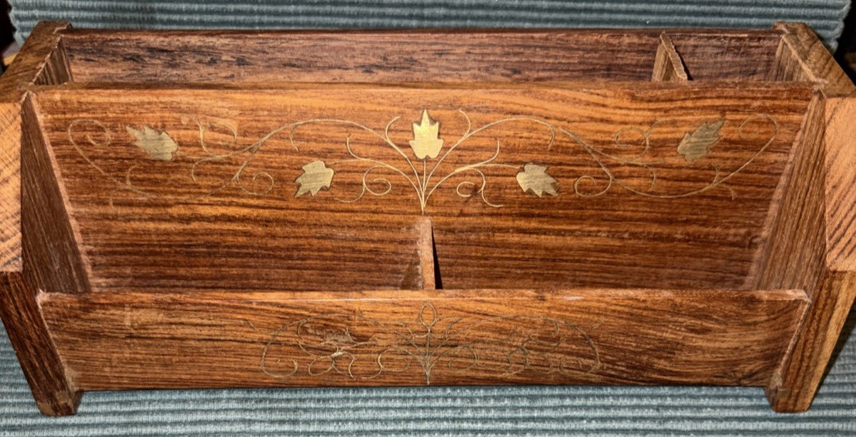Letter Desk Organizer Wood With Brass Ivy Inlay Two Sections