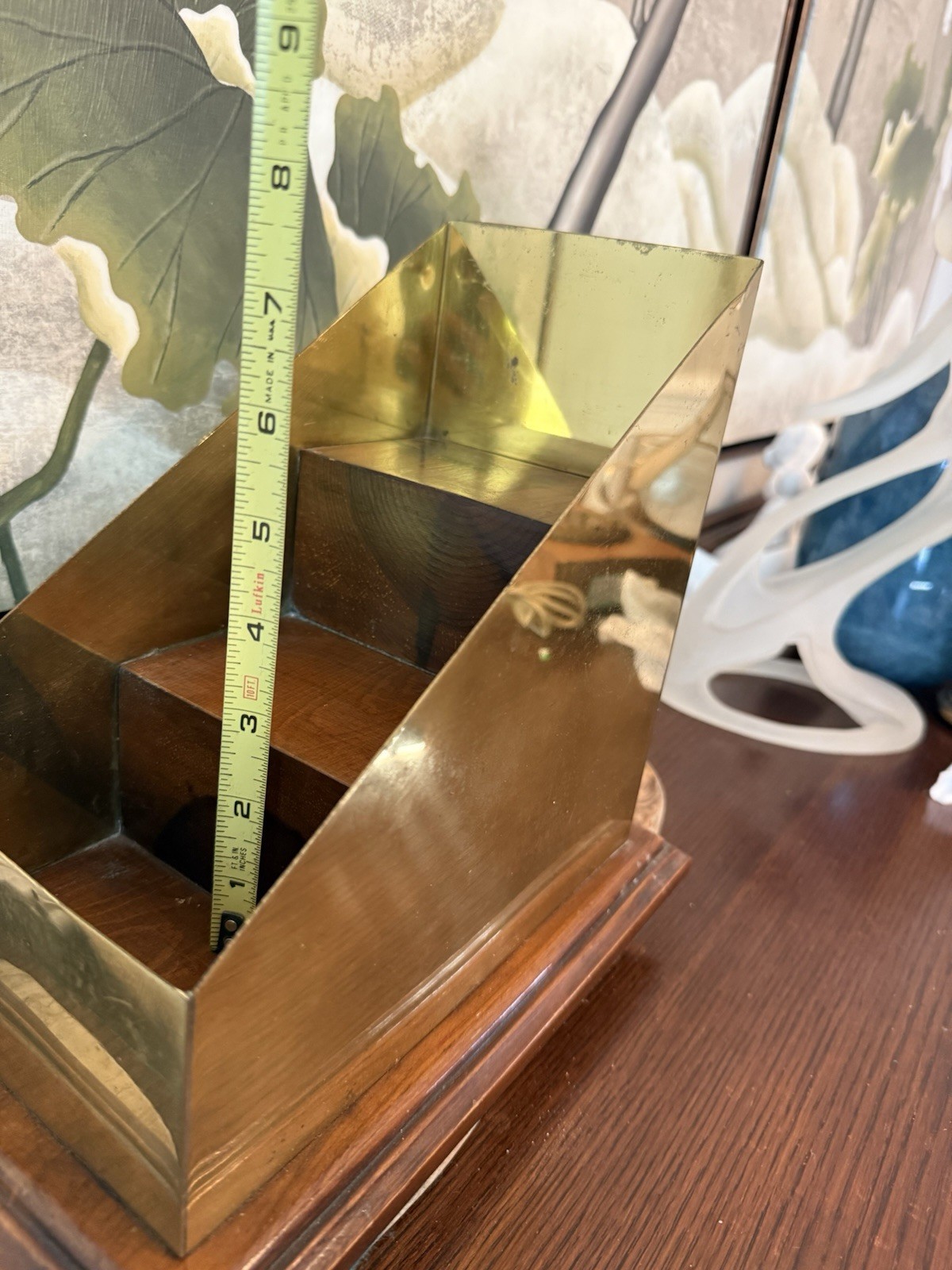 Vintage Brass & Wood Desk Organizer Display Mid-Century Office Decor Heavy