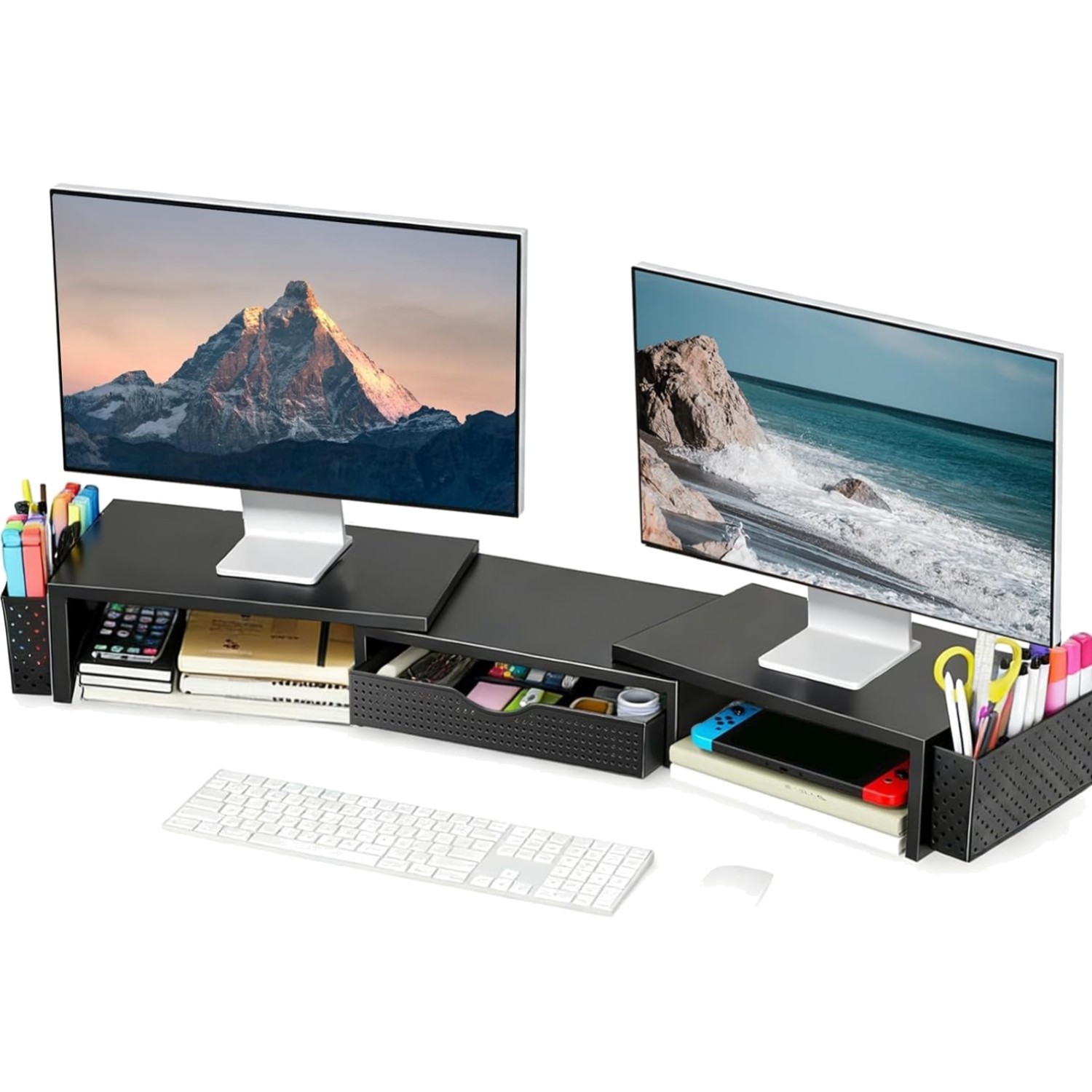 All-in-One Dual Monitor Stand Riser & Workspace Organizer – Black Metal Design