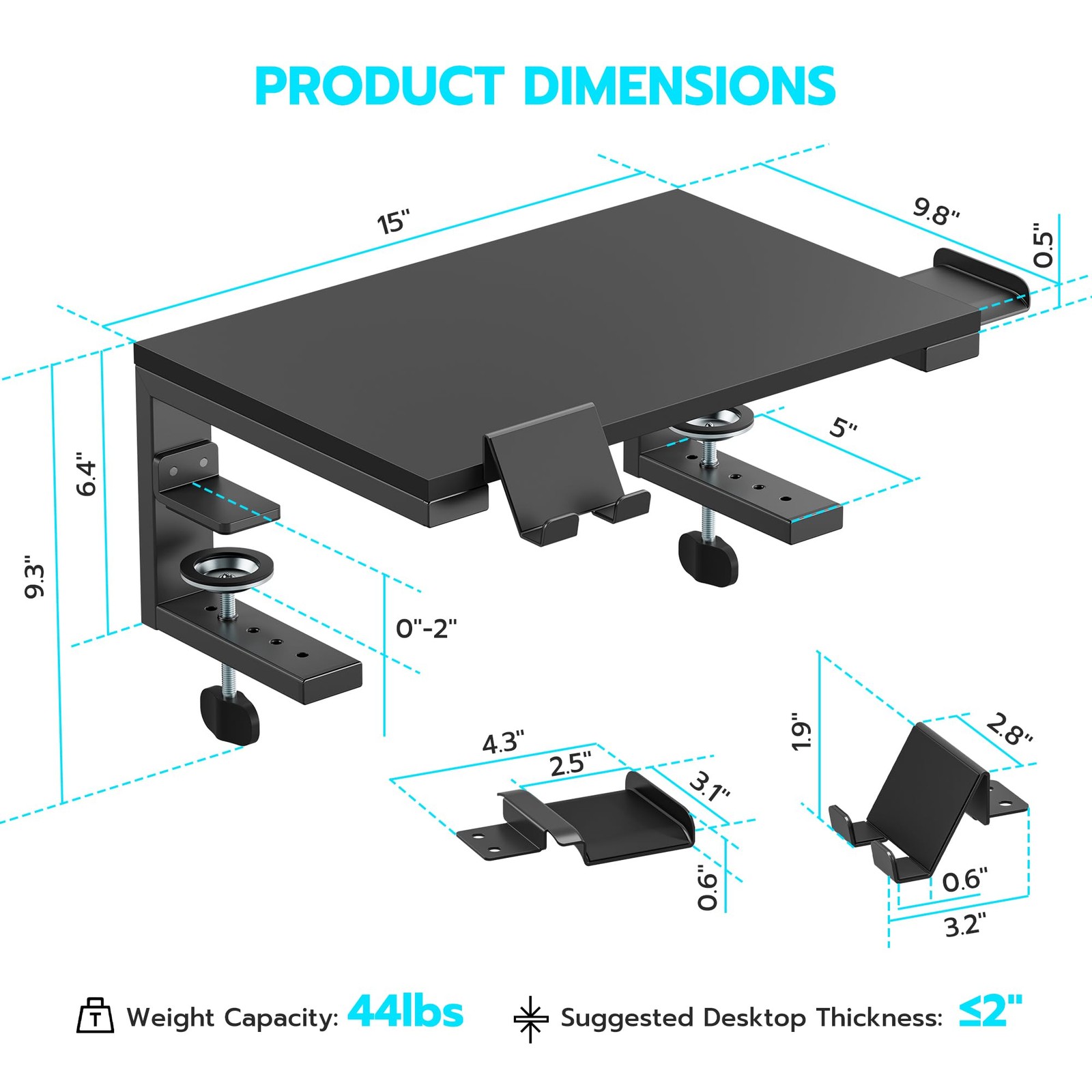 ARES WING Desk Shelf Extender, 15 inches 3 in 1 Clamp on 15“, Black