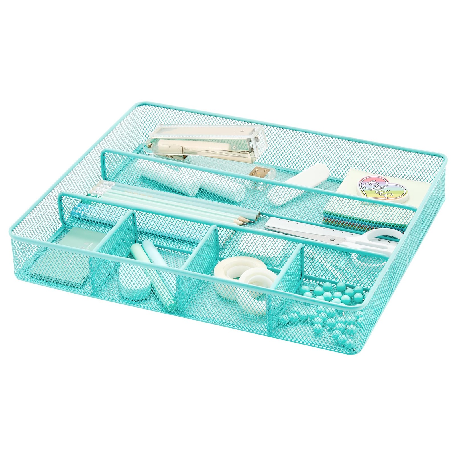 Desk Top Organizer Tray Metal Mesh Storage Dividers Large Turquoise Office