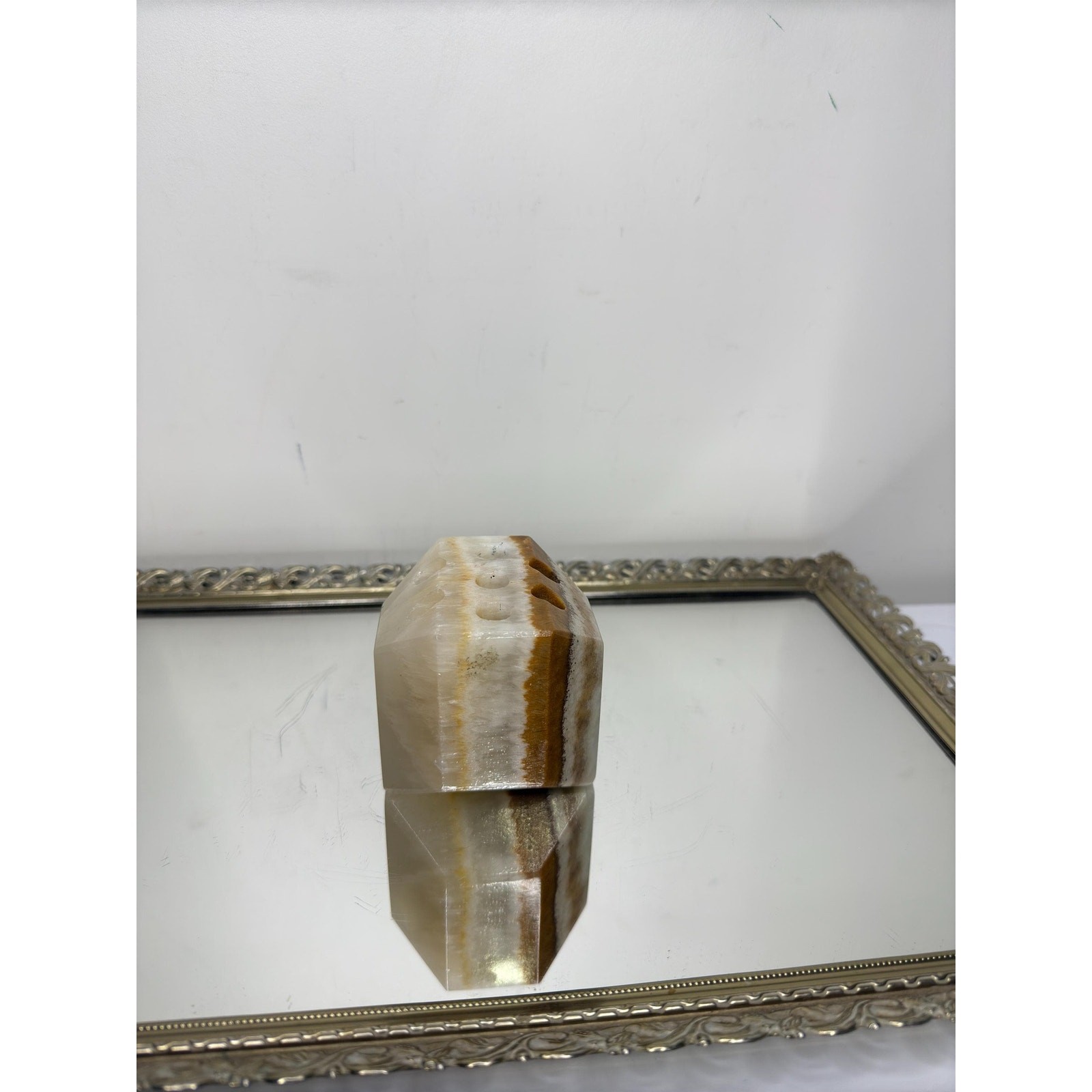 Vintage Agate Marble Onyx Stone Pen Pencil Holder Desk Paperweight