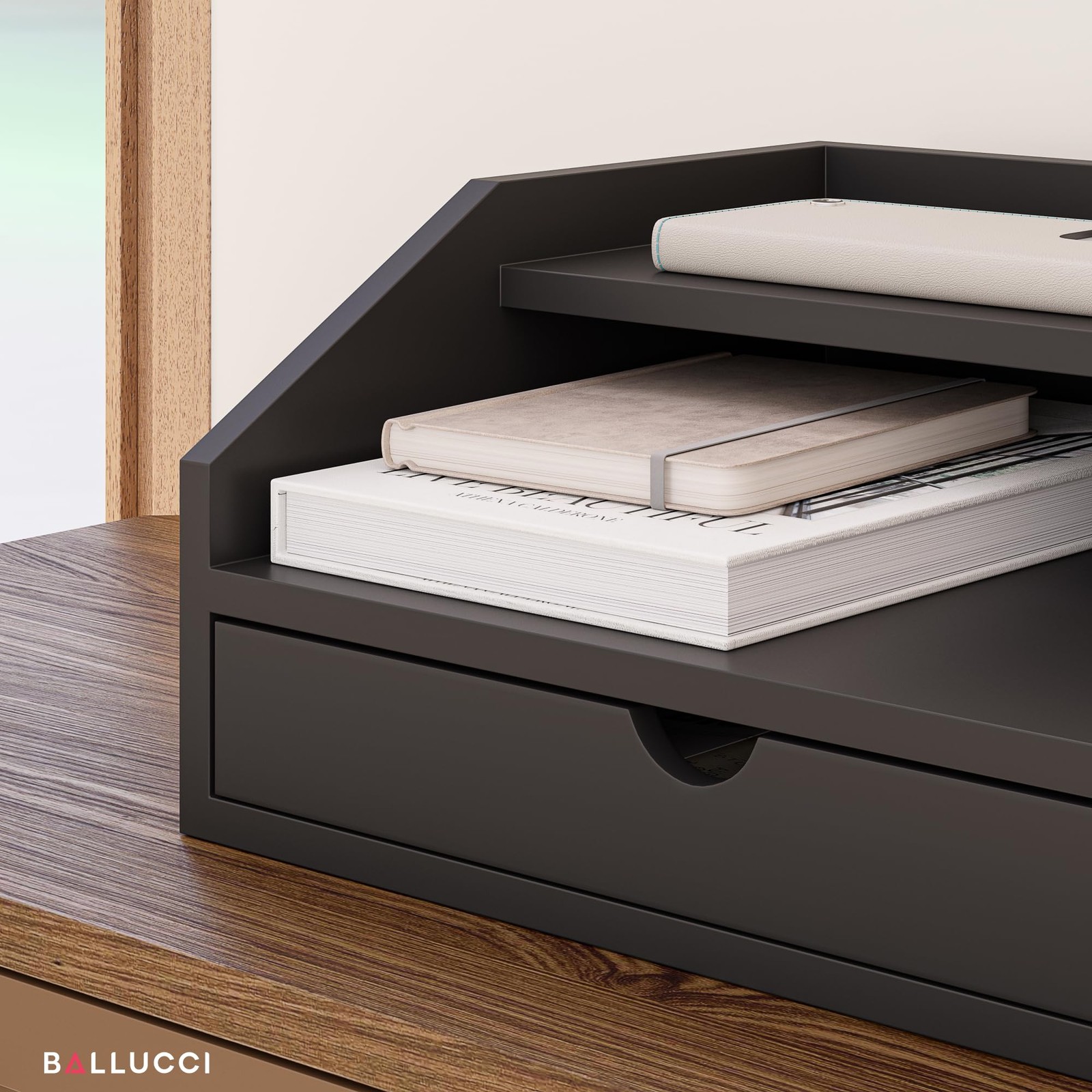 Ballucci Desk Organizer with Drawer, 3 Tier Paper, Office Supplies and File Orga