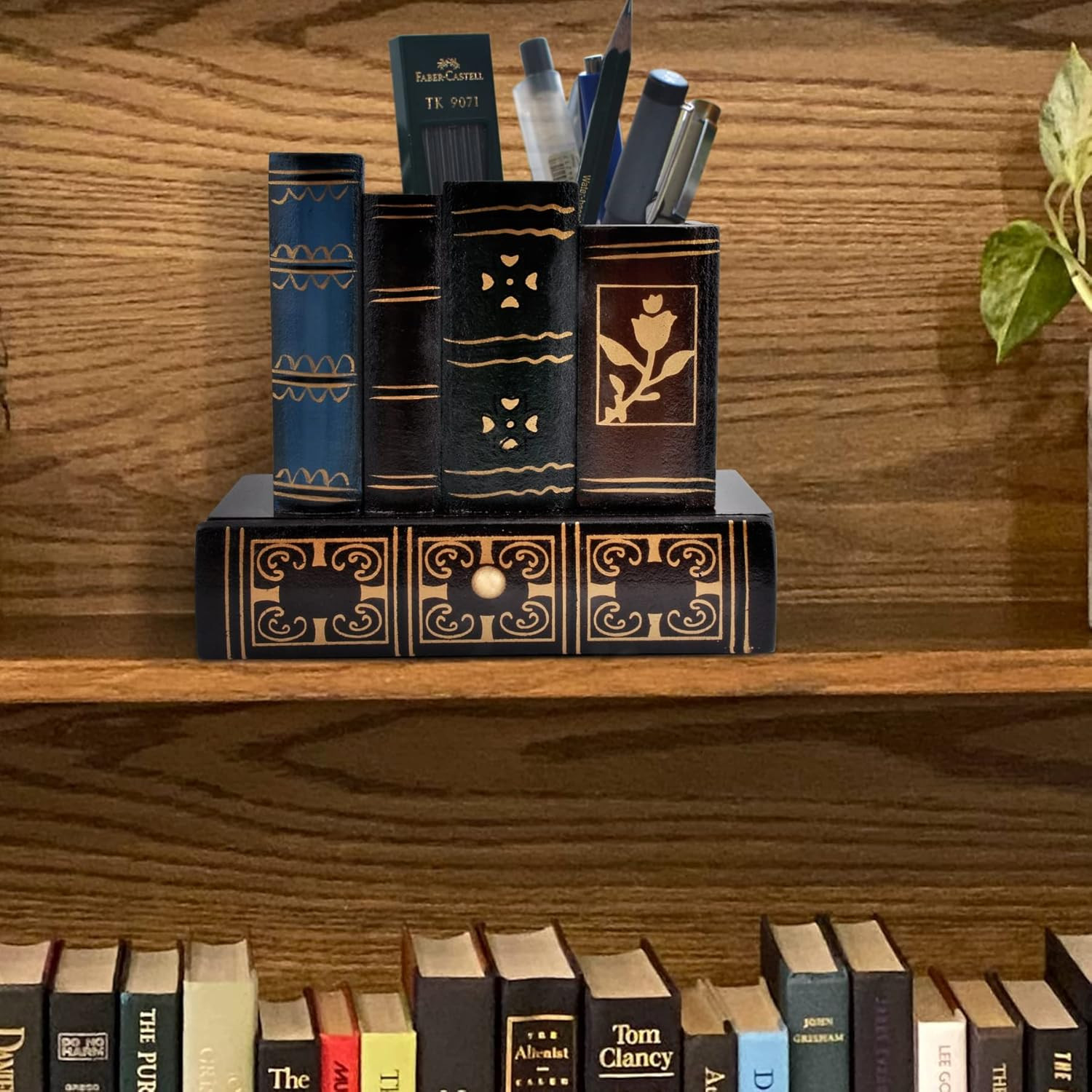 Vintage Book Pen Holder Retro Pen Desk Organizer with Drawer Wooden Fake Book Sh