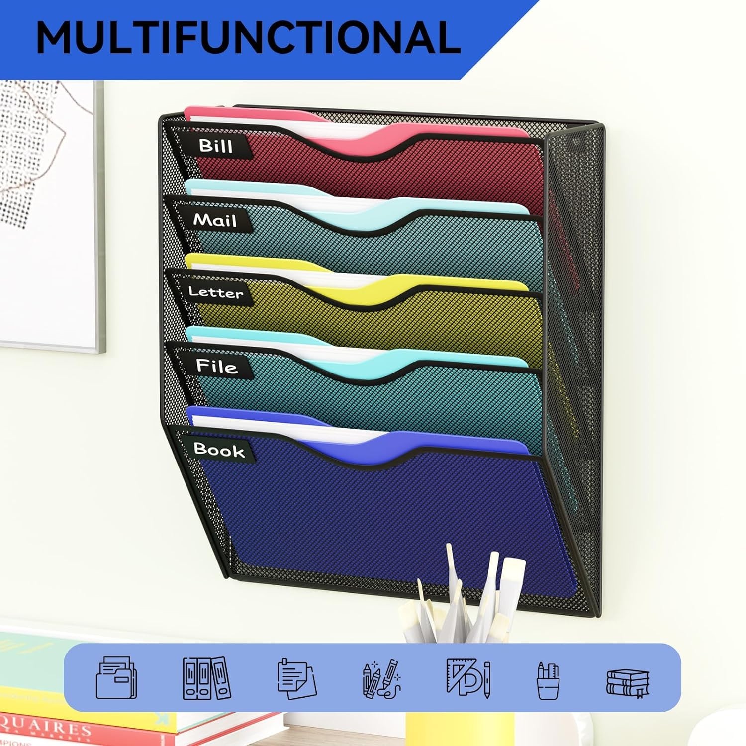5 Pockets Mesh Hanging Wall File Holder Organizer Wall Mounted Paper Magazine…