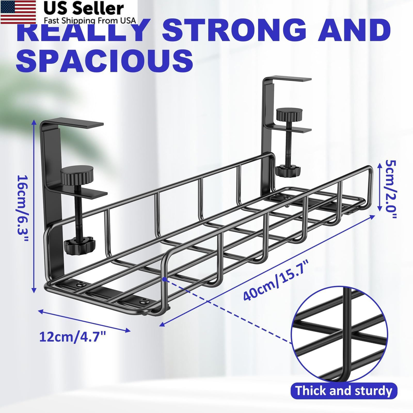 15.7” Under Desk Cable Management Tray, No Drill Steel 1 Pack, Black