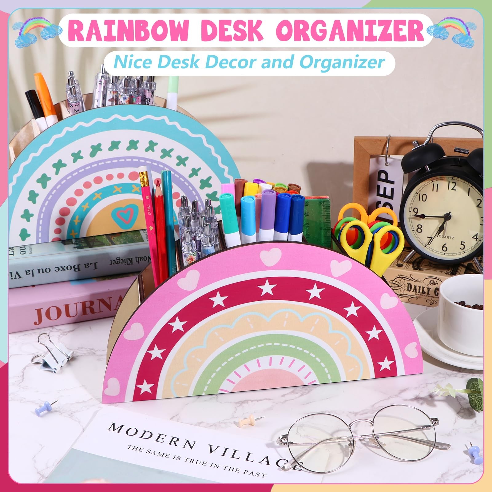 2 Pcs Rainbow Pencil Holder Rainbow Wooden Desk Organizer Boho Decorative Pen…