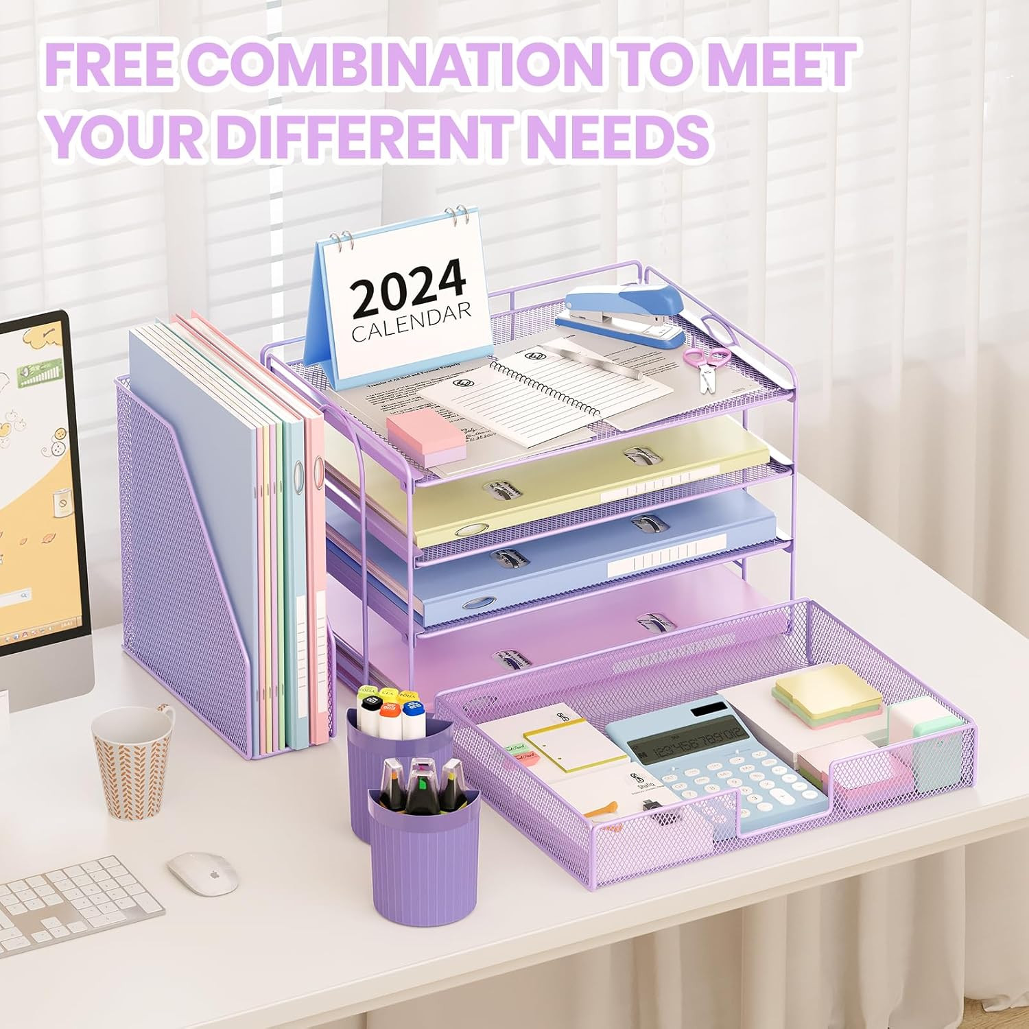 4 Tier Desk Organizer with Drawer and 2 Pen Holders Purple
