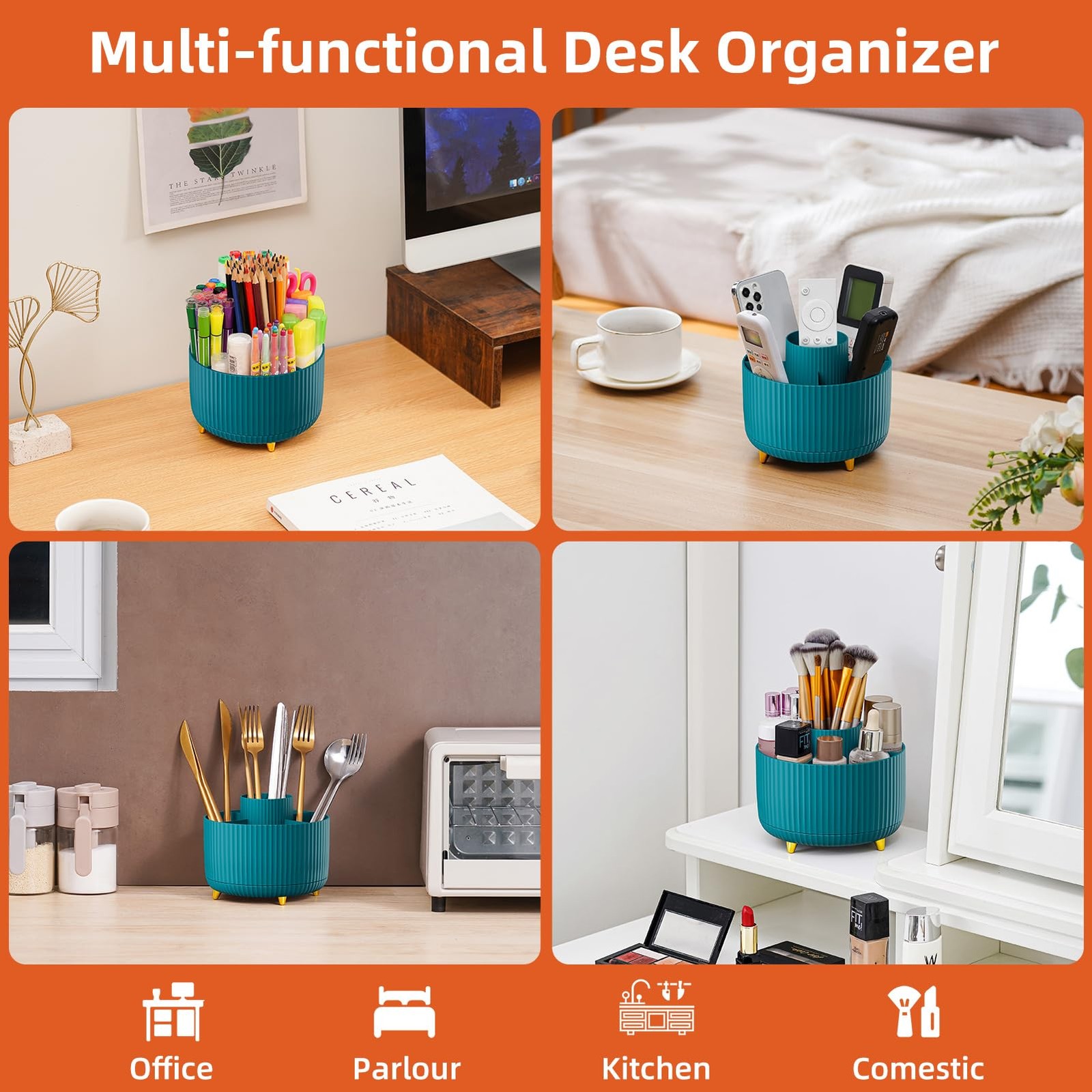 Marbrasse Desk Organizer, 360-Degree Rotating Pen Holder, Green