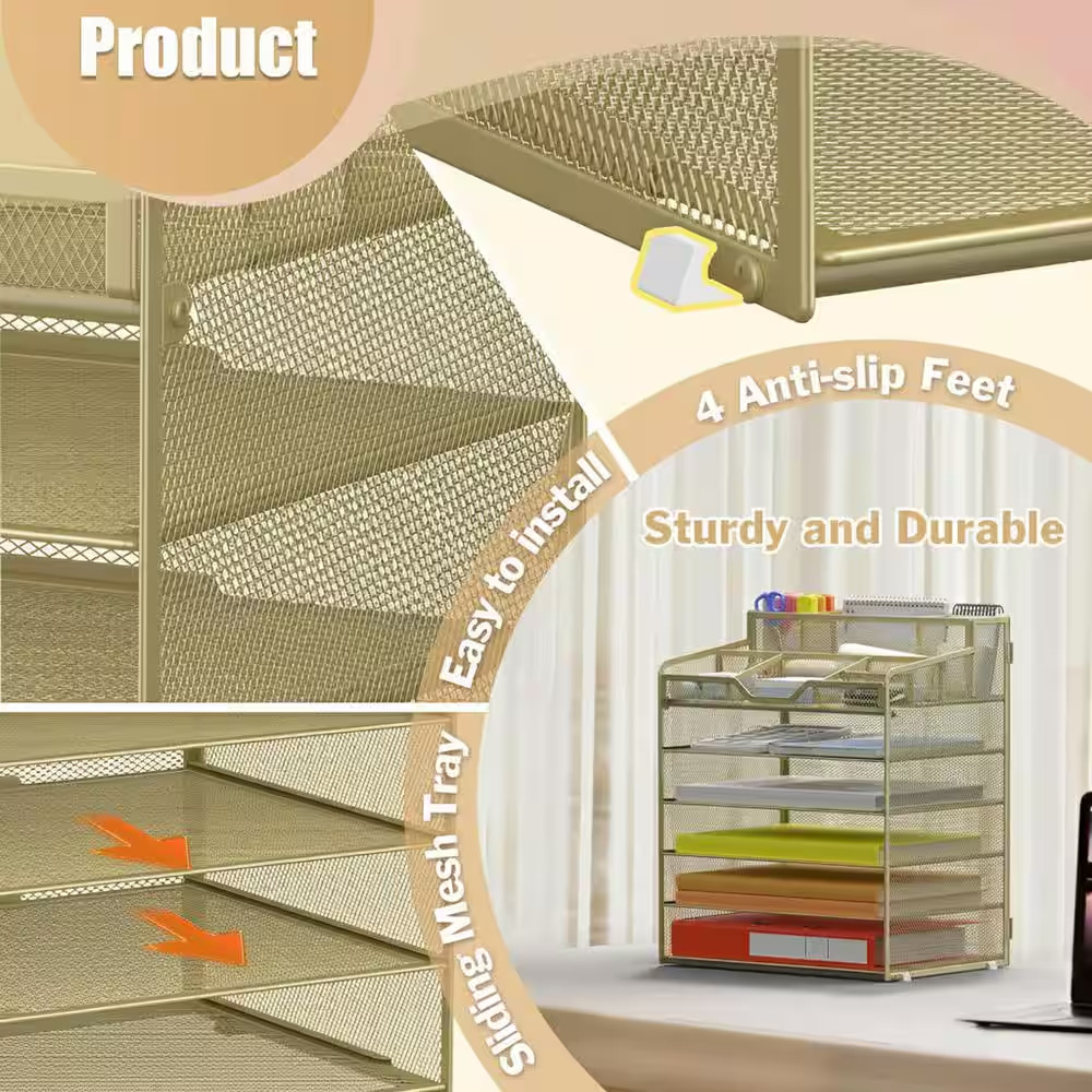 1-Pack Gold Yellow Mesh Desk Organizer 6-Tier Adjustable Letter Tray with 3 Pen