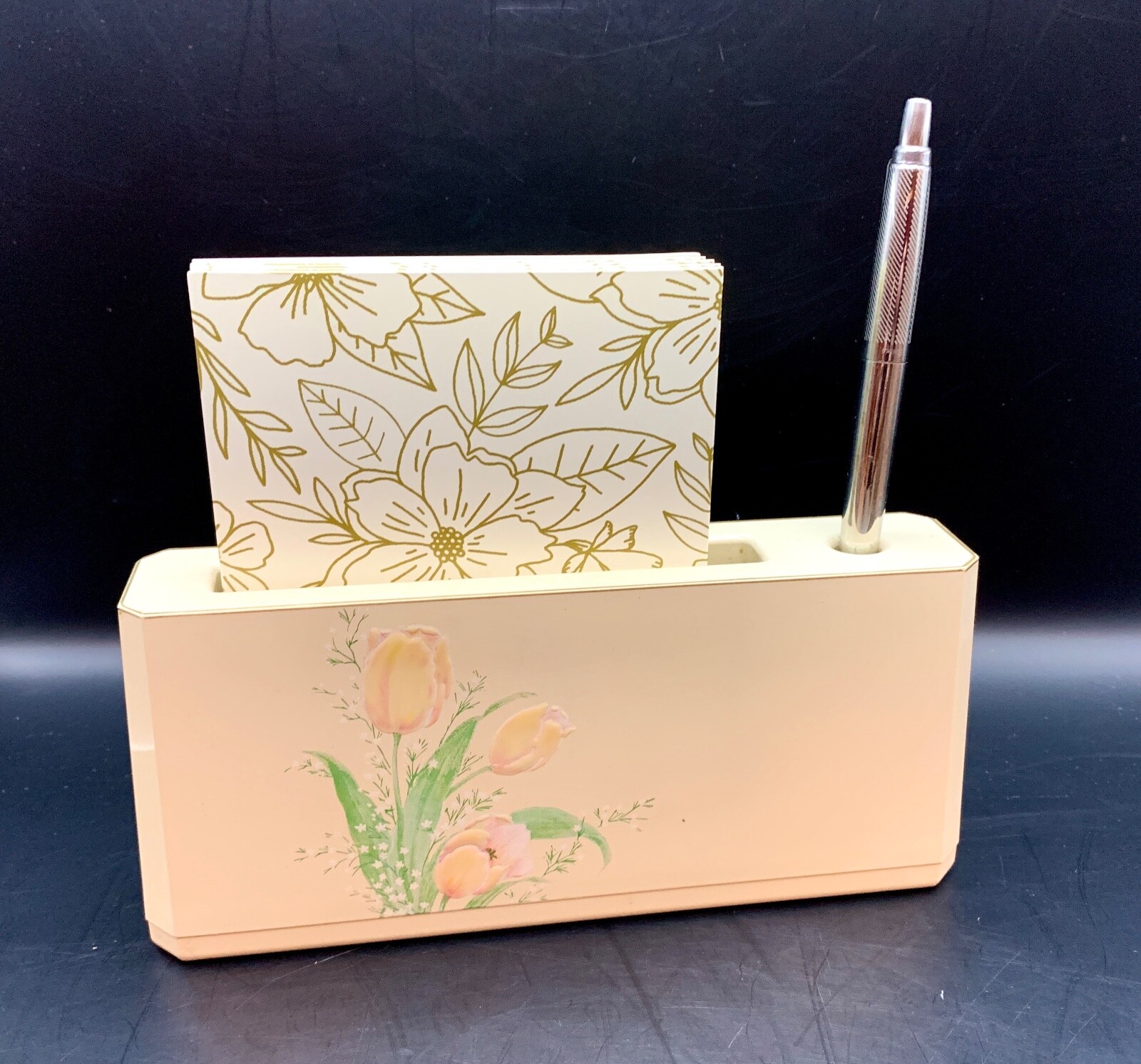 Otagiri Pen & Paper Holder Lacquerware Desk Caddy Tulips Spring Floral Vintage