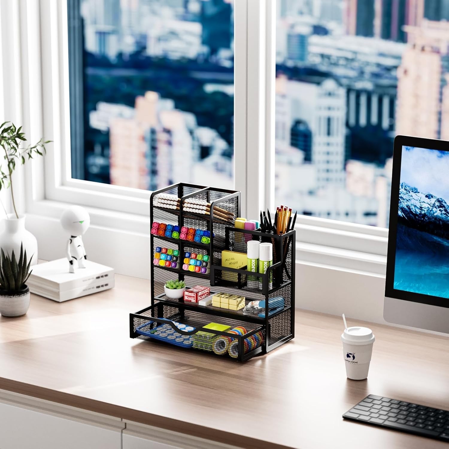 Black Rectangular Desk Organizer with Drawer – Perfect for Stationery & Crafts