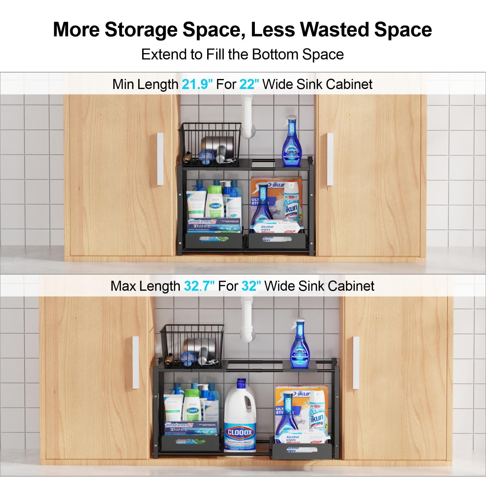 iSPECLE Extendable Under Sink Organizer – 2 Tier Expandable Black