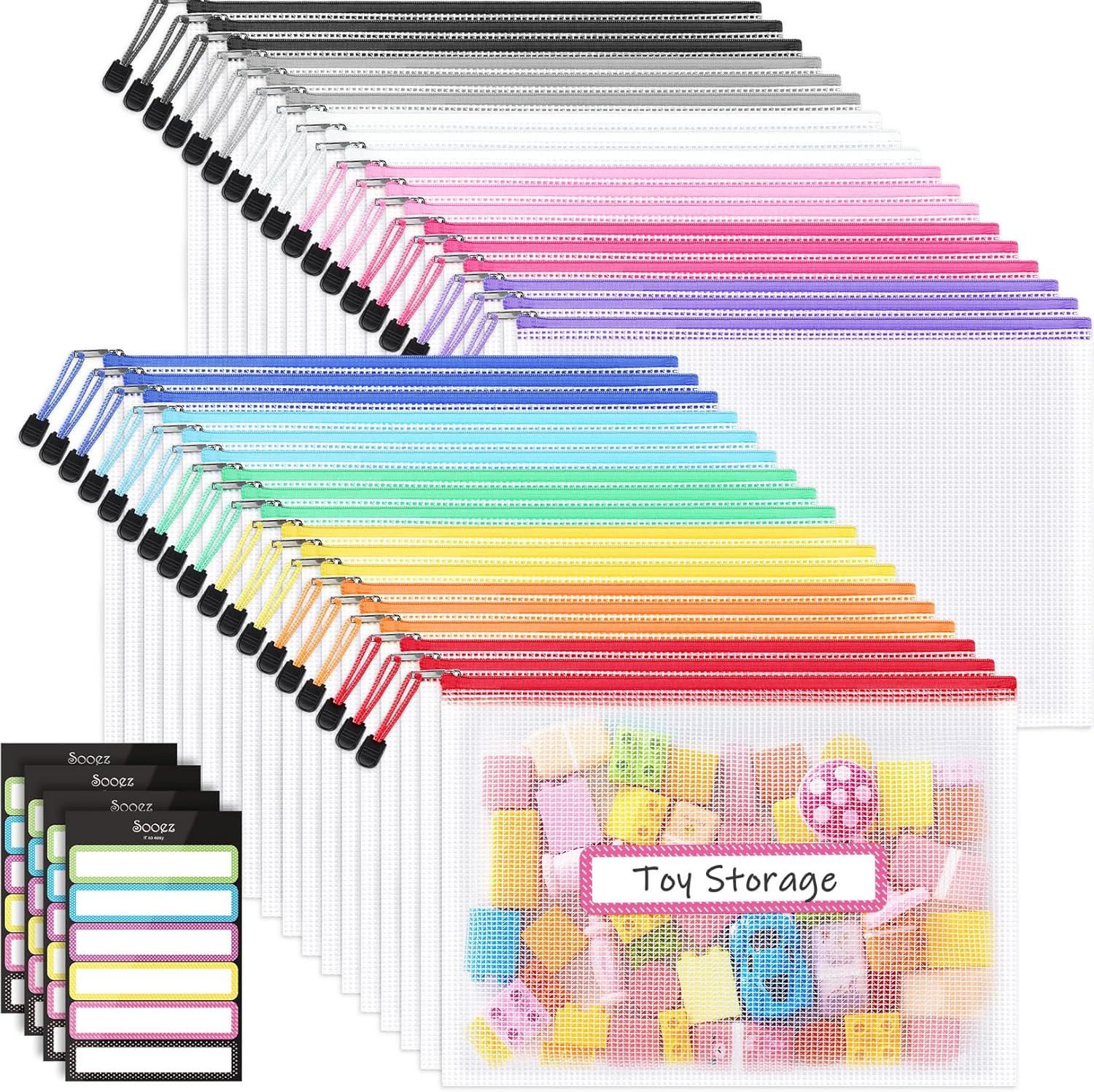 36 Pack Mesh Zipper Pouch with Sticky Labels, A4 Mesh Bags, Sturdy Letter Size F