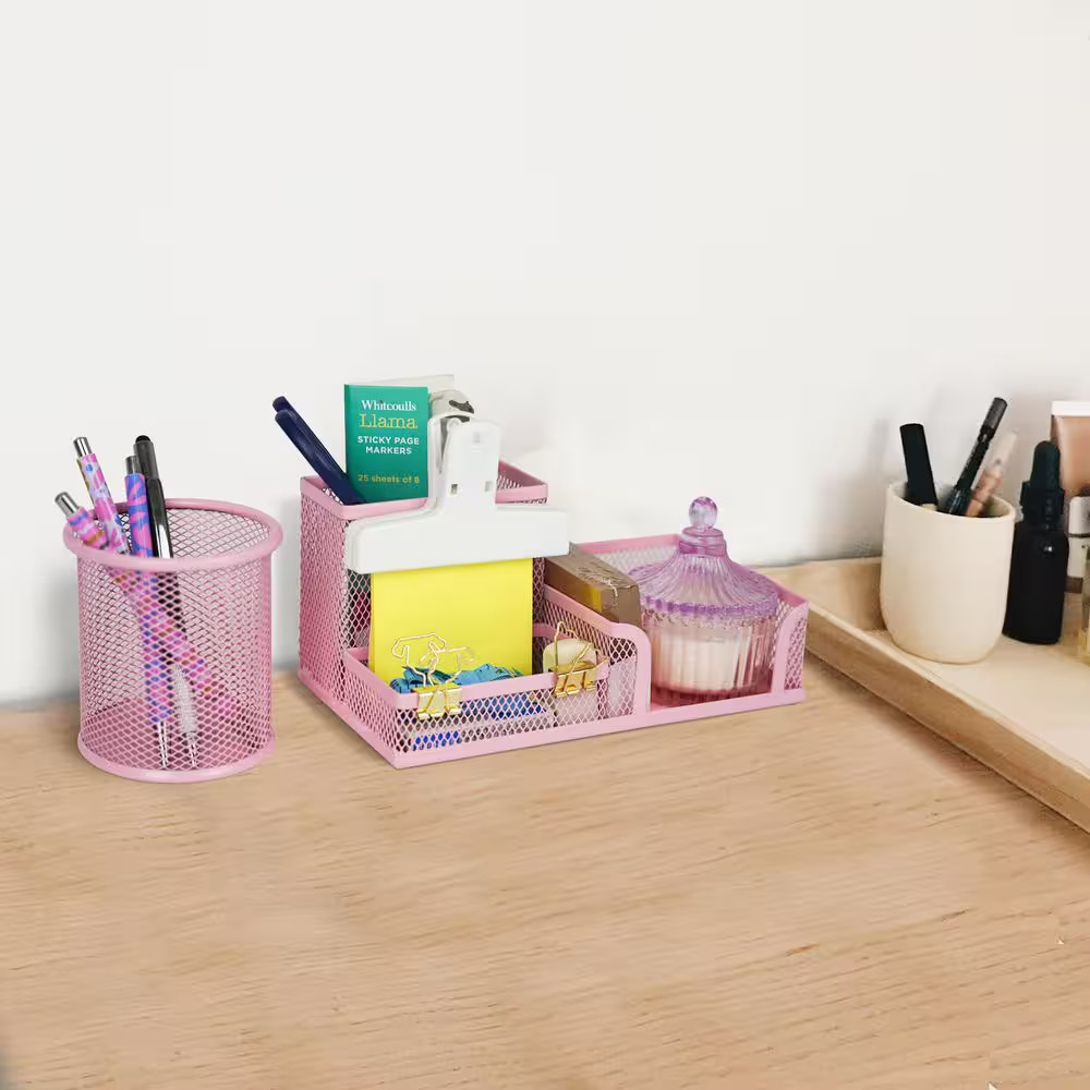 1-Pack Mesh Desk Organizer with Pencil Cup, 3 Compartments, Sticky Note Holder,
