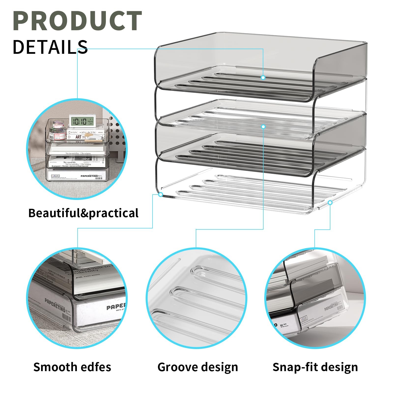 1 PCS Clear And Brown 4Tier Acrylic Paper Tray Organizer For Desk Stackable