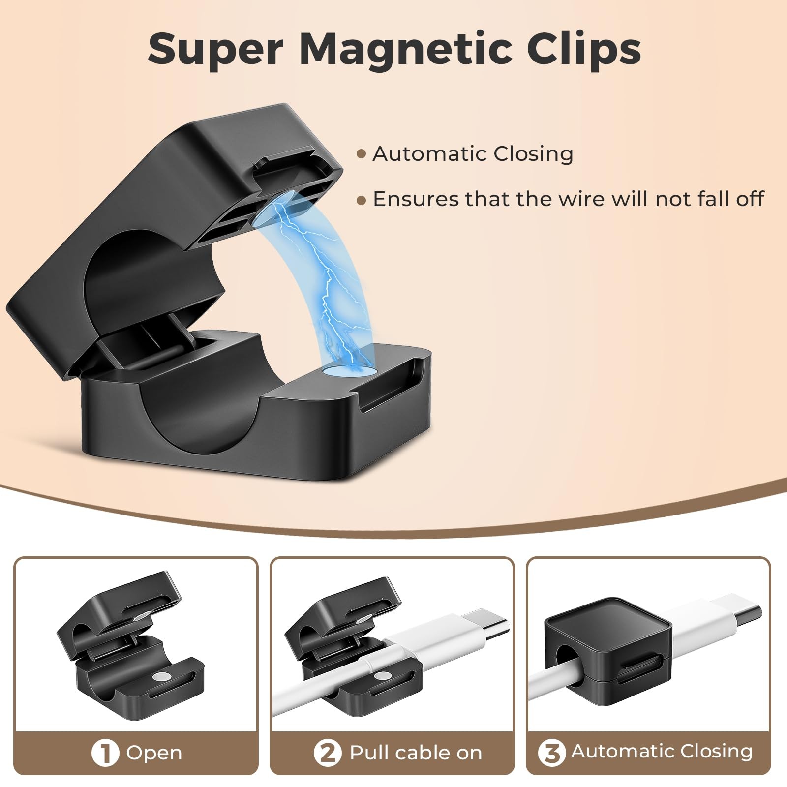 8 Pack Magnetic Cord Organizer Holder, Adjustable Cable 0.86 inches, Black
