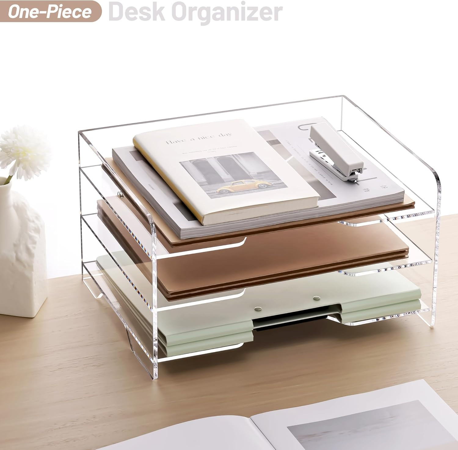Clear 3-Tier Acrylic Letter Tray Organizer with Handle for Office Files