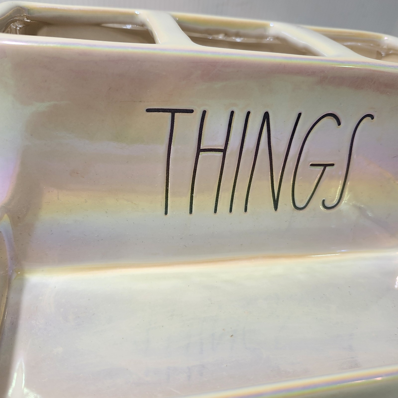 Rae Dunn THINGS Ceramic Desk Bathtoom Organizer 3 Comparmtnets Tray Iridescent