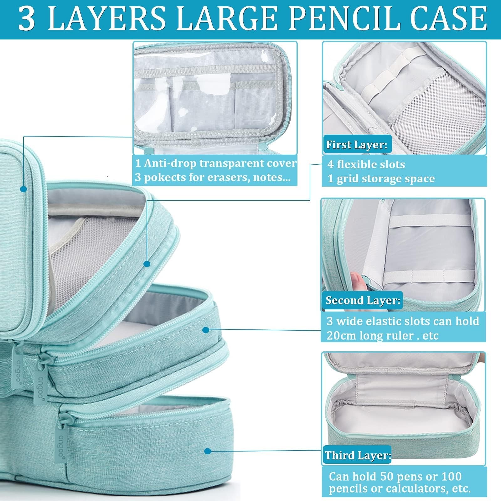 Large Capacity Pencil Case Pouch with 3 Compartments Portable Canvas Statione…
