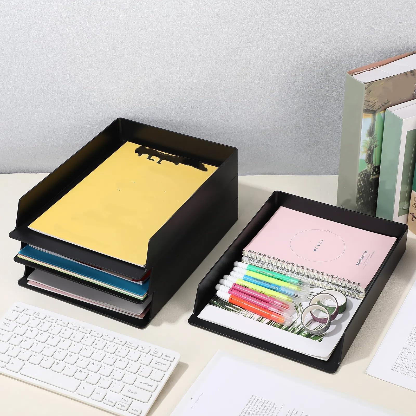 Stackable Paper Trays Rectangular Plastic Desktop File Organizer Black 4 PCS