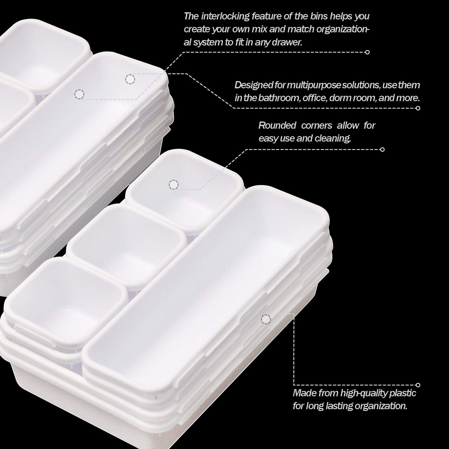 Set of 12 Interlocking Desk Drawer Organizer Tray Dividers Plastic White