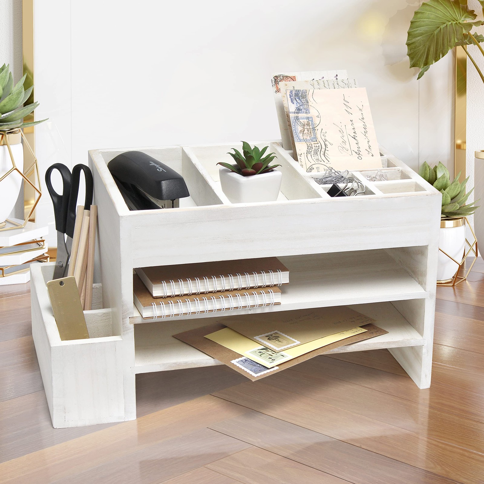Elegant Designs HG1021-WWH Home Office Wood Tiered Organizer with Storage Cub…