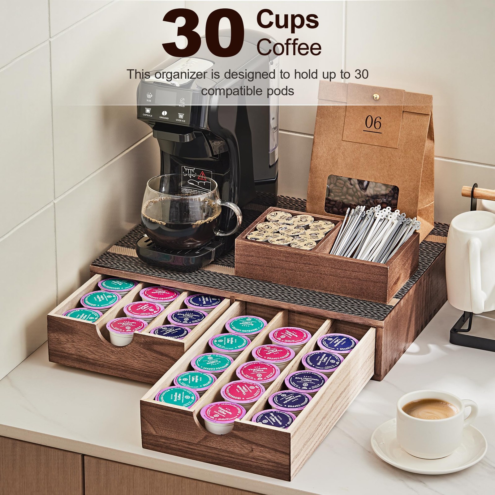 SMARTAKE Wooden K Cup Organizer Coffee Pod 15.3 x 12 x 3.1 inches, Wood