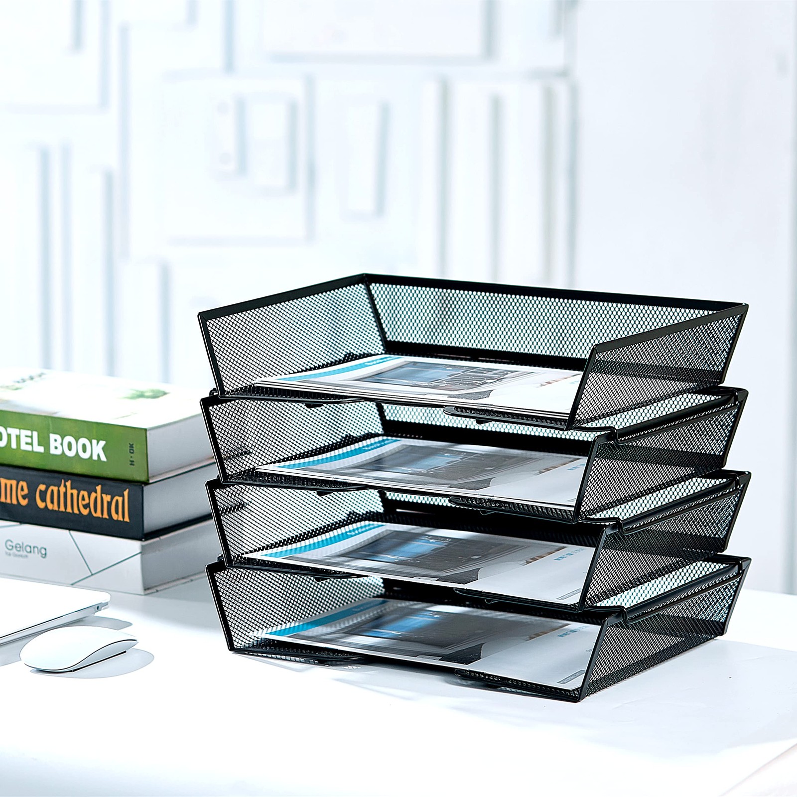 4 Tier Metal Mesh Desk Organizer-Stackable Paper Tray for Home, Office,School…