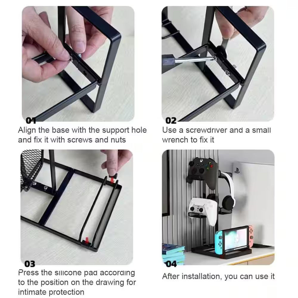 Black Metal Desk Holder Stand, Freestanding Storage Organizer Rack for Game Cont