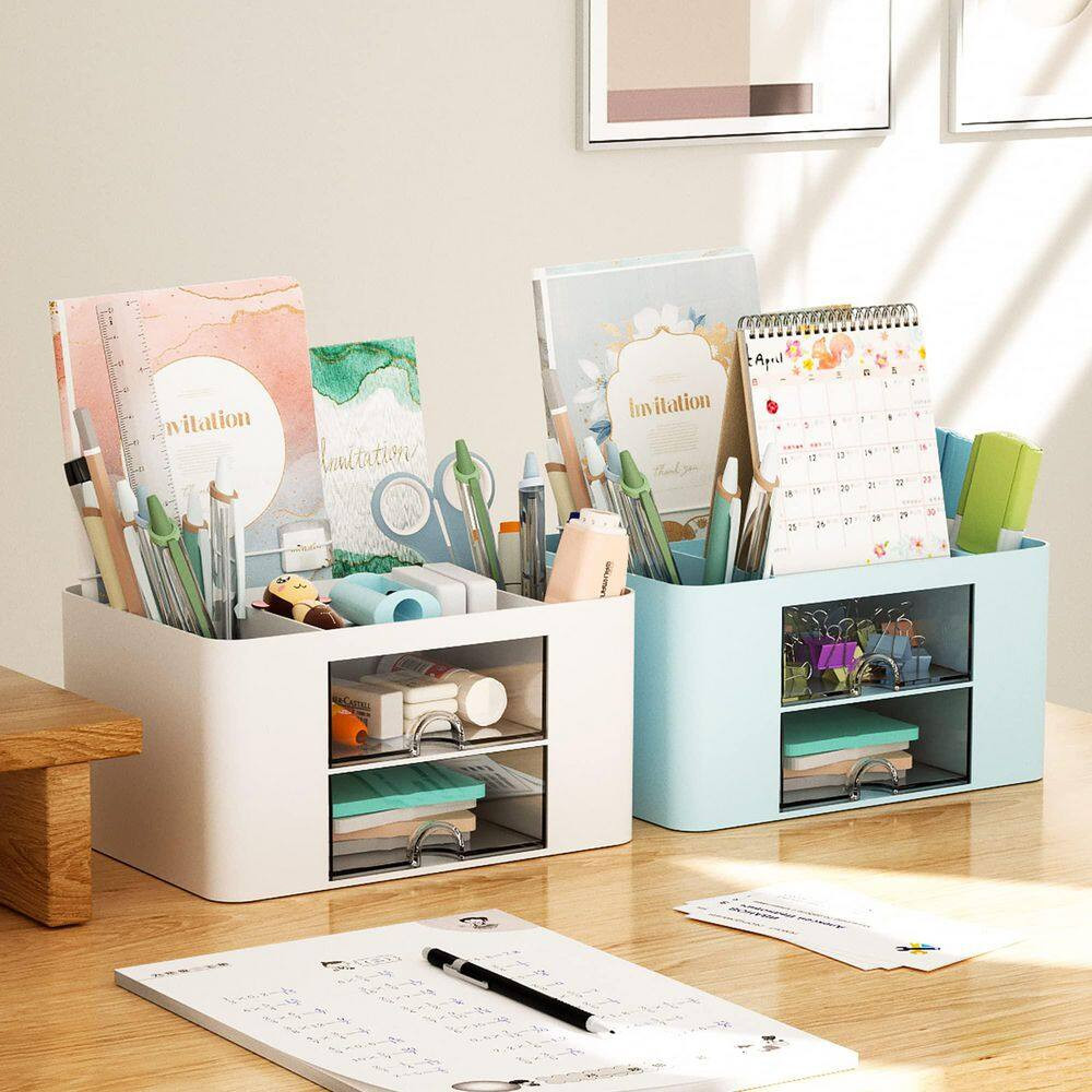 1-Pack Desk Organizer Set White Multi-Compartment Pencil Holder with 2 Drawers f
