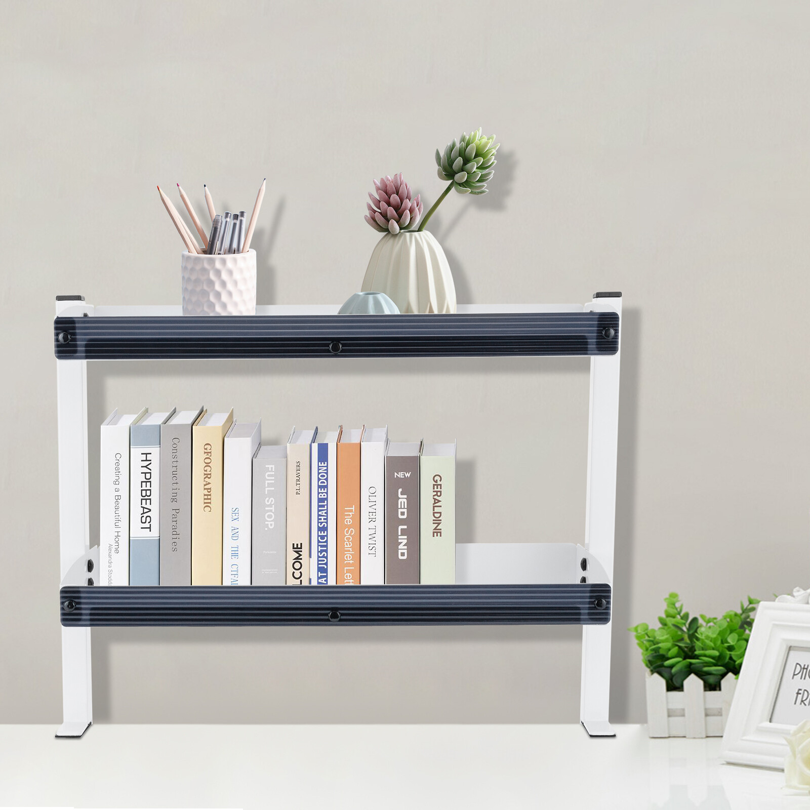 2-Tier Shelving with Adjustable Storage,White Storage Tray,for Living Rooms