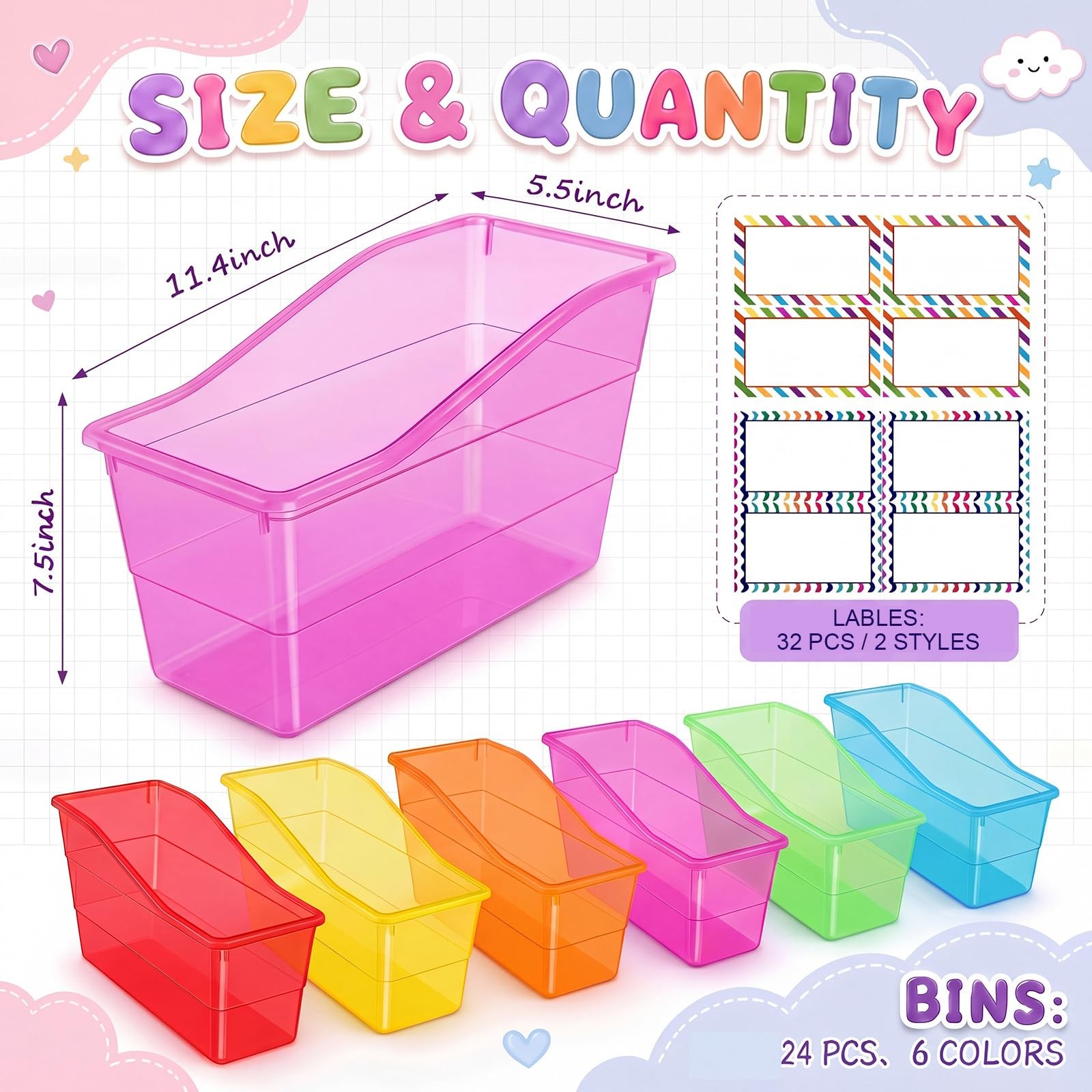 24 Set Book Bins for Classroom with Label Sticker Book Box Baskets Plastic St…