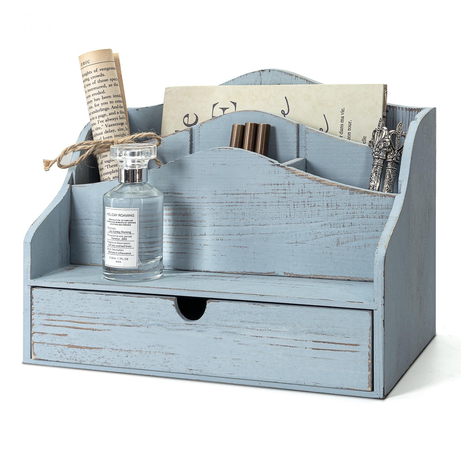 Pine Wood Mail Organizer for Desk – Vintage Farmhouse Style Mail Organizer wi…