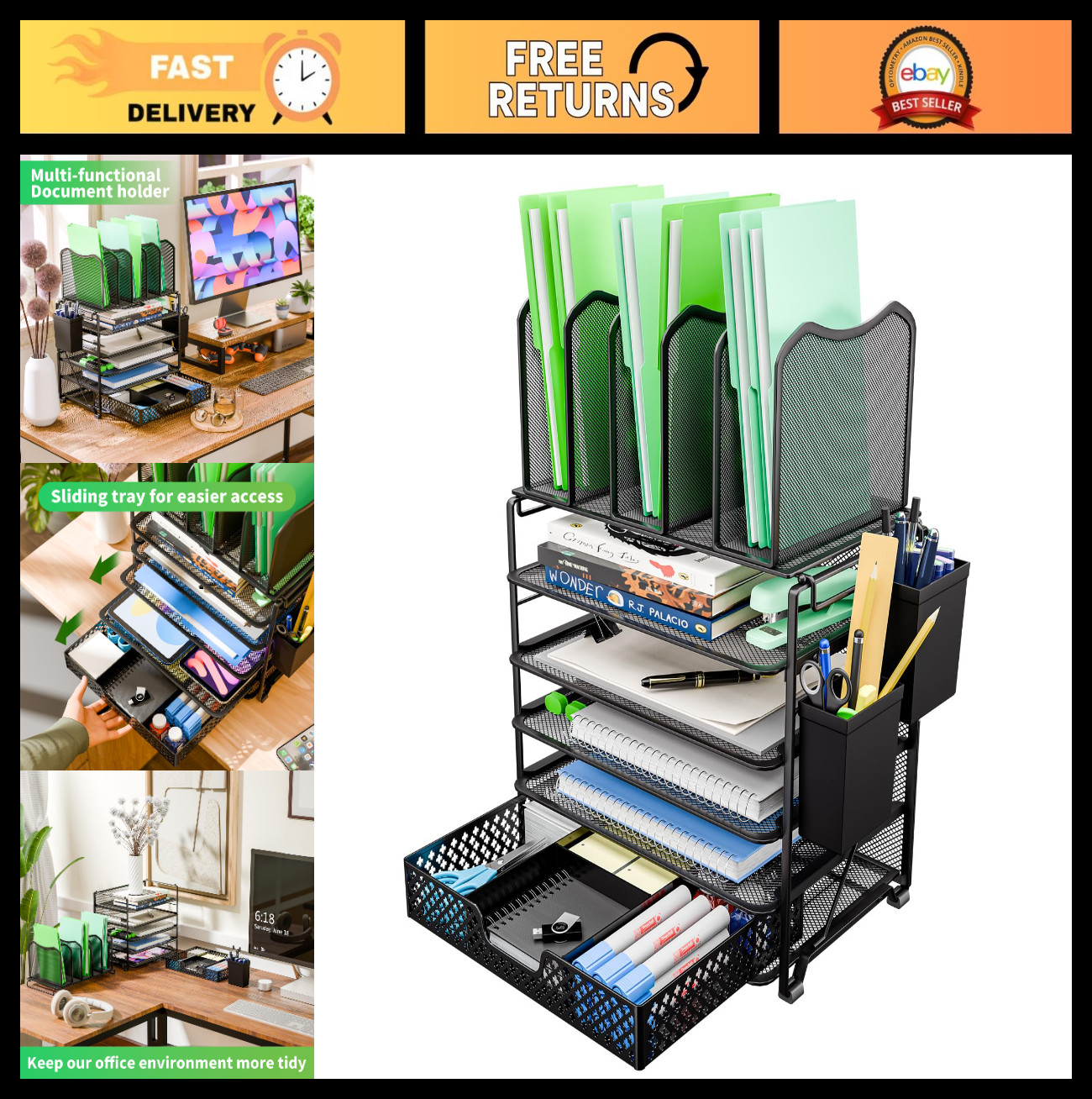5-Tier Mesh Desk File Organizer with Sliding Drawer – Paper Letter Tray Holder f