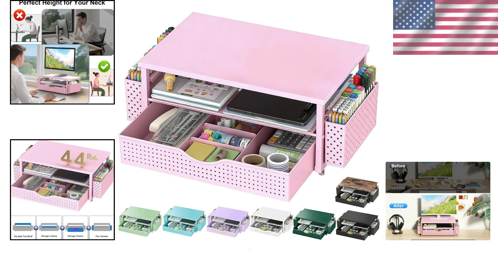 Ergonomic Desk Organizer: Pink Monitor Stand with Space-Saving Drawer & Holders