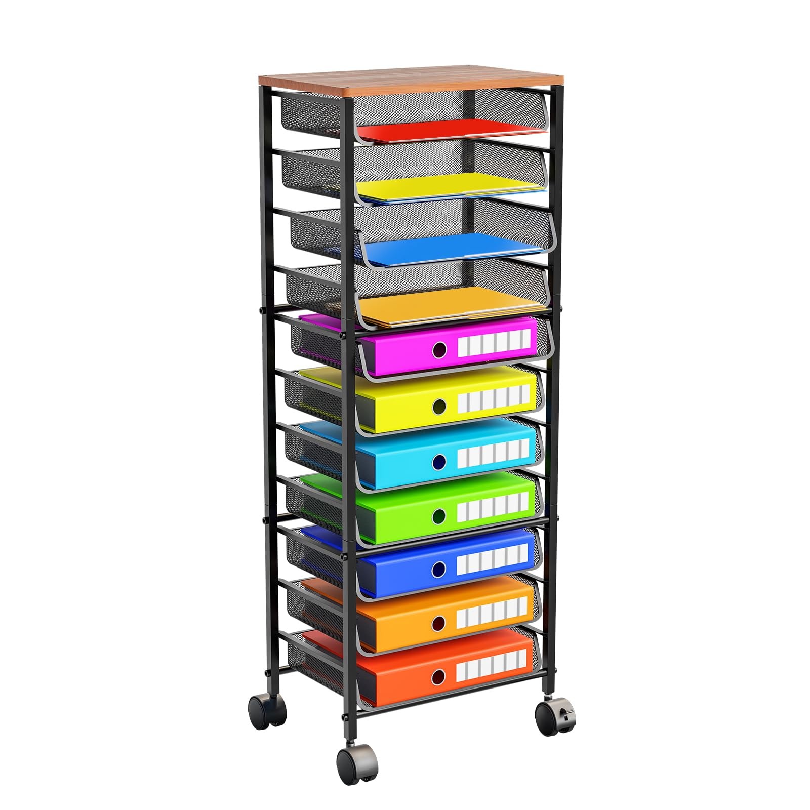 12 Tier Rolling File Cart,Wood Desk File Organizer with Sliding Trays and Wet…